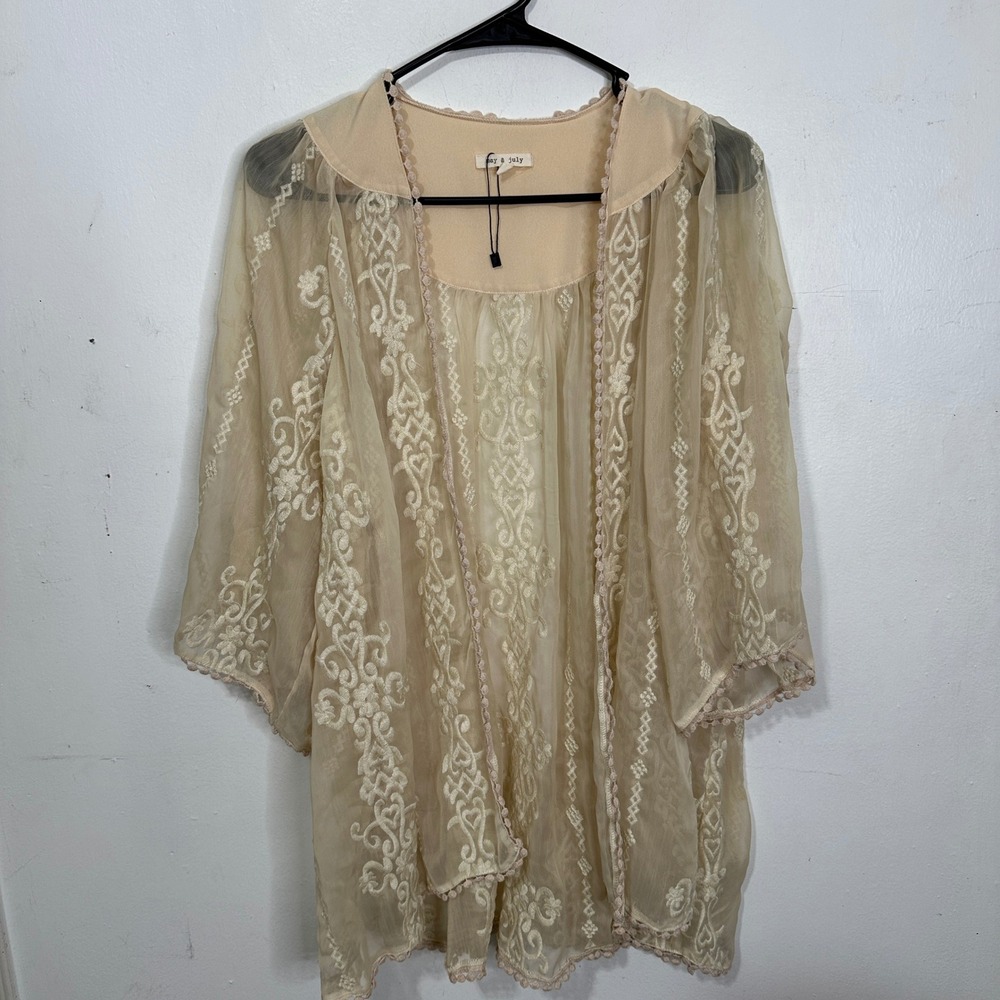 Lace Embroidered Sheer Open Front Cardigan Beige Medium Boho Coachella Party